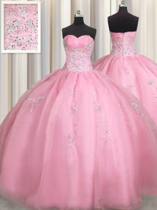 Organza Sweetheart Sleeveless Zipper Beading and Appliques Ball Gown Prom Dress in Rose Pink