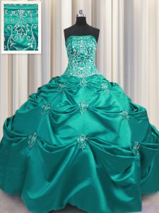 Embroidery Strapless Sleeveless Lace Up Quinceanera Gowns Dark Green Taffeta