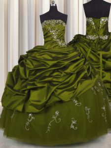 Embroidery Sleeveless Floor Length Beading and Appliques and Pick Ups Lace Up Sweet 16 Quinceanera Dress with Olive Green