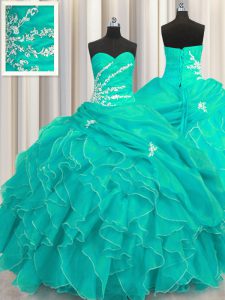 High Class Turquoise Ball Gowns Sweetheart Sleeveless Organza Floor Length Lace Up Beading and Appliques and Ruffles 15th Birthday Dress