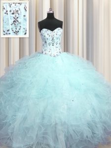 Visible Boning Light Blue Sleeveless Beading and Appliques and Ruffles Floor Length Quinceanera Gowns