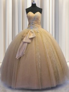 Perfect Sleeveless Tulle and Sequined Floor Length Lace Up Quince Ball Gowns in Champagne with Beading and Bowknot