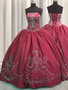 Floor Length Lace Up Quinceanera Dress Coral Red for Military Ball and Sweet 16 and Quinceanera with Beading and Embroidery