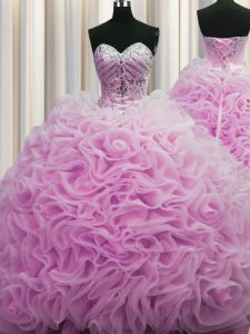 Colorful Lilac Quinceanera Dresses Fabric With Rolling Flowers Brush Train Sleeveless Beading and Pick Ups