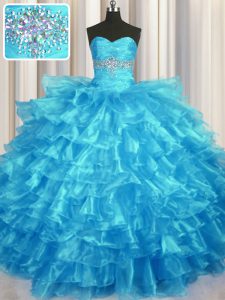Deluxe Baby Blue Ball Gowns Beading and Ruffled Layers Quinceanera Dresses Lace Up Organza Sleeveless Floor Length