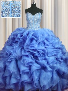 Sexy Visible Boning Bling-bling Baby Blue Organza Lace Up Sweet 16 Dress Sleeveless With Brush Train Beading and Ruffles