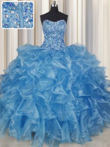 Visible Boning Baby Blue Organza Lace Up Strapless Sleeveless Floor Length Quinceanera Gown Beading and Ruffles