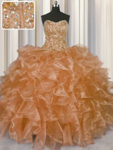 Visible Boning Beading and Ruffles Vestidos de Quinceanera Champagne Lace Up Sleeveless Floor Length