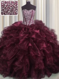 Most Popular Visible Boning Bling-bling Burgundy Lace Up Sweetheart Beading and Ruffles Quinceanera Dress Organza Sleeveless Brush Train