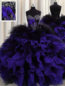 Flirting Black And Purple Lace Up Sweetheart Beading and Ruffles Quinceanera Gown Organza and Tulle Sleeveless