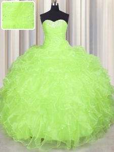 Simple Yellow Green 15 Quinceanera Dress Military Ball and Sweet 16 and Quinceanera and For with Beading and Ruffles Sweetheart Sleeveless Lace Up