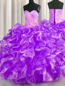 Fashion Floor Length Lace Up Quinceanera Dress Purple for Military Ball and Sweet 16 and Quinceanera with Beading and Ruffles