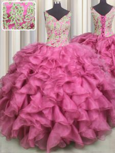 Exquisite Rose Pink Organza Lace Up V-neck Sleeveless Floor Length Quinceanera Dress Beading and Ruffles