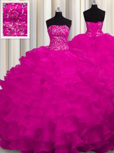 Fuchsia Ball Gowns Strapless Sleeveless Organza With Train Sweep Train Lace Up Beading and Ruffles Quinceanera Gown