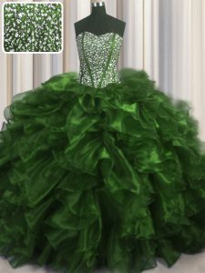 Visible Boning With Train Olive Green Quince Ball Gowns Sweetheart Sleeveless Brush Train Lace Up