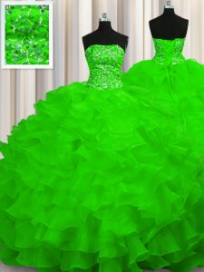 Sweep Train Ball Gowns Beading and Ruffles Vestidos de Quinceanera Lace Up Organza Sleeveless