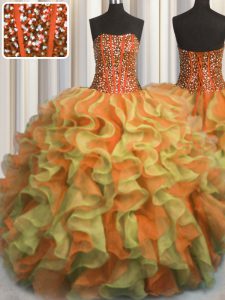 Custom Designed Visible Boning Beaded Bodice Multi-color Sleeveless Organza Lace Up Sweet 16 Quinceanera Dress for Military Ball and Sweet 16 and Quinceanera