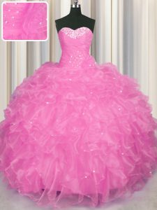 Hot Sale Rose Pink Sweetheart Lace Up Beading and Ruffles Quinceanera Dress Sleeveless
