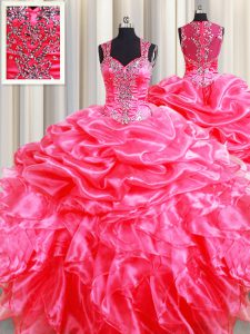 Ideal Zipper Up See Through Back Hot Pink Zipper Quinceanera Dresses Beading and Ruffles and Pick Ups Sleeveless Floor Length