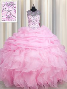 Pretty See Through Rose Pink Sleeveless Floor Length Beading and Ruffles and Pick Ups Lace Up 15th Birthday Dress
