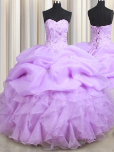 Edgy Pick Ups Visible Boning Floor Length Ball Gowns Sleeveless Lilac Quinceanera Gown Lace Up