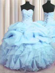 Visible Boning Sleeveless Floor Length Beading and Ruffles and Pick Ups Lace Up Quinceanera Dress with Baby Blue