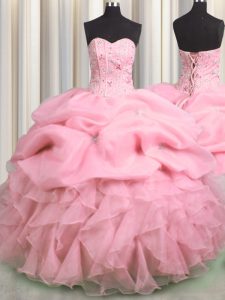 Glittering Visible Boning Sweetheart Sleeveless Quinceanera Dresses Floor Length Beading and Ruffles and Pick Ups Rose Pink Organza