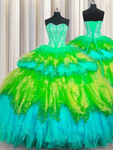 Sweet Bling-bling Visible Boning Multi-color Sleeveless Beading and Ruffles and Ruffled Layers and Sequins Floor Length Ball Gown Prom Dress