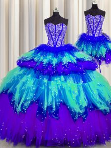 Chic Three Piece Visible Boning Multi-color Ball Gowns Tulle Sweetheart Sleeveless Beading and Ruffles and Ruffled Layers and Sequins Floor Length Lace Up Sweet 16 Dress