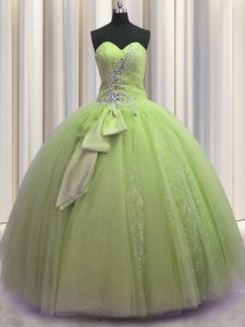 Yellow Green Sleeveless Floor Length Beading and Sequins and Bowknot Lace Up Sweet 16 Dress