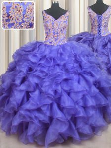 Blue Ball Gowns Organza V-neck Sleeveless Appliques and Ruffles Floor Length Lace Up Sweet 16 Quinceanera Dress