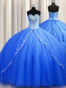 Blue Lace Up Quinceanera Dress Beading Sleeveless Brush Train