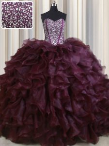 Visible Boning Sweetheart Sleeveless Organza 15 Quinceanera Dress Beading and Ruffles Brush Train Lace Up