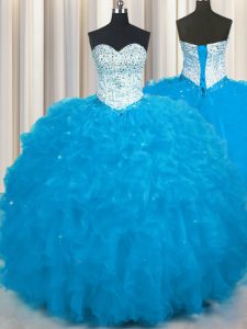 Trendy Baby Blue Tulle Lace Up Sweet 16 Dress Sleeveless Floor Length Beading and Ruffles