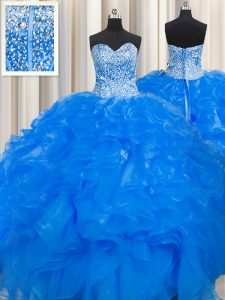 Visible Boning Beaded Bodice Blue Sleeveless Beading and Ruffles Floor Length 15 Quinceanera Dress