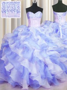 Charming Two Tone Visible Boning Organza Sweetheart Sleeveless Lace Up Beading and Ruffles Quinceanera Dresses in Multi-color