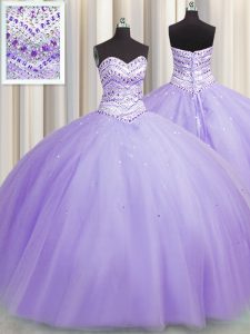Bling-bling Puffy Skirt Tulle Sweetheart Sleeveless Lace Up Beading Quinceanera Gown in Lavender
