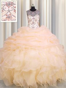 See Through Peach Ball Gowns Scoop Sleeveless Organza Floor Length Lace Up Beading and Ruffles and Pick Ups Sweet 16 Dresses