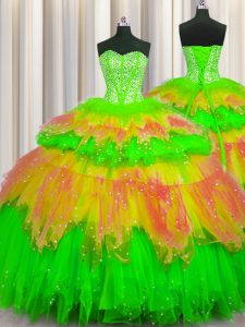Stunning Bling-bling Visible Boning Multi-color Tulle Lace Up Sweetheart Sleeveless Floor Length Quinceanera Dress Beading and Ruffles and Ruffled Layers and Sequins