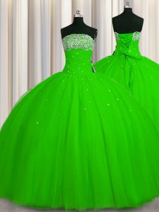 Big Puffy Ball Gowns Quinceanera Gowns Strapless Tulle Sleeveless Floor Length Lace Up