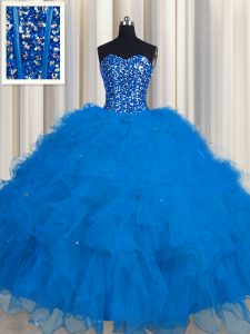 Custom Fit Visible Boning Blue Ball Gowns Sweetheart Sleeveless Tulle Floor Length Lace Up Beading and Ruffles and Sequins Quinceanera Dresses