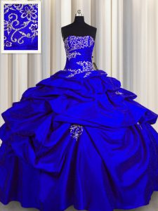 Fitting Sleeveless Floor Length Appliques and Pick Ups Lace Up Vestidos de Quinceanera with Royal Blue
