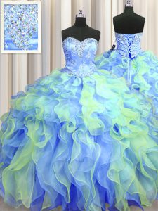 Multi-color Ball Gowns Sweetheart Sleeveless Organza Floor Length Lace Up Beading and Appliques and Ruffles Quince Ball Gowns