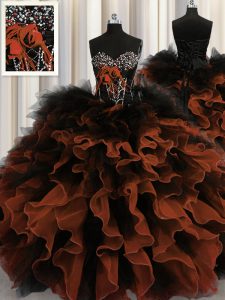 Dazzling Red And Black Sleeveless Beading and Ruffles Floor Length 15 Quinceanera Dress