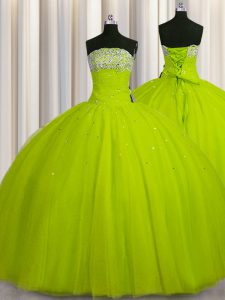 Perfect Big Puffy Floor Length Ball Gowns Sleeveless Yellow Green Sweet 16 Quinceanera Dress Lace Up