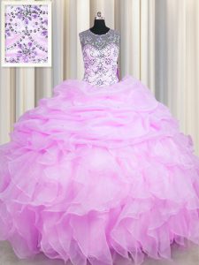Flare See Through Scoop Sleeveless Organza Vestidos de Quinceanera Beading and Ruffles and Pick Ups Lace Up