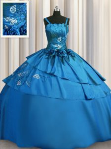 Embroidery Spaghetti Straps Sleeveless Lace Up Quinceanera Gowns Teal Satin
