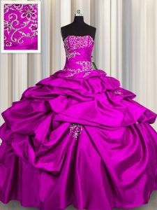 Pick Ups Ball Gowns 15th Birthday Dress Fuchsia Strapless Taffeta Sleeveless Floor Length Lace Up