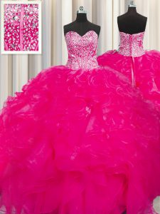 Artistic Visible Boning Beaded Bodice Hot Pink Sweetheart Neckline Beading and Ruffles 15th Birthday Dress Sleeveless Lace Up