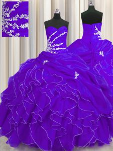 Popular Purple Organza Lace Up Quinceanera Gowns Sleeveless Floor Length Beading and Appliques and Ruffles